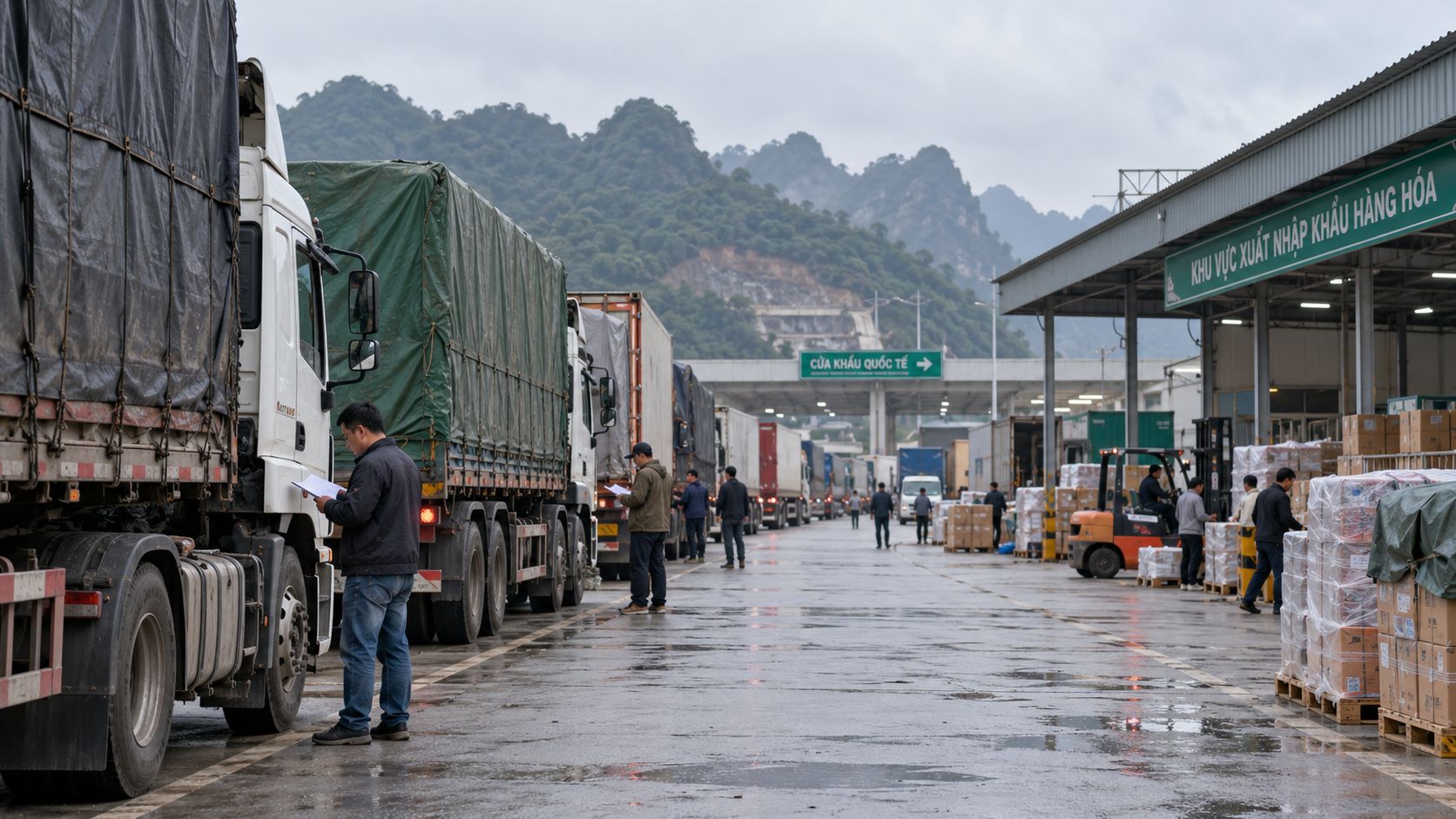 Covered cargo trucks queued at a land border logistics yard in northern Vietnam, with loading bays behind them.