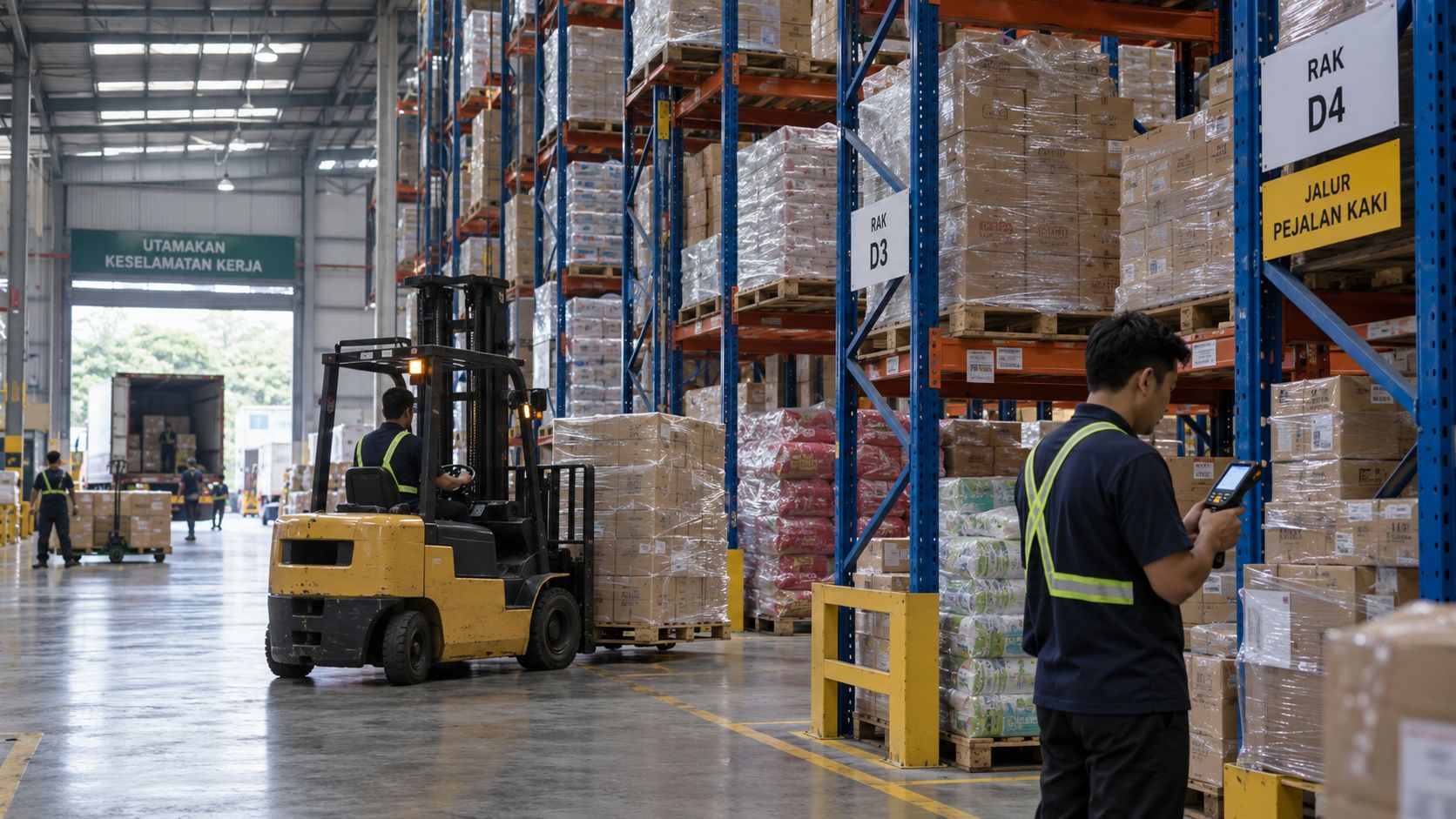 A forklift moving a pallet between high racking in a multi-category distribution warehouse outside Jakarta, Indonesia.